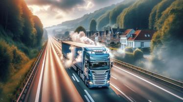 Een grote, krachtige vrachtwagen die op een snelweg met meerdere rijstroken in België rijdt.